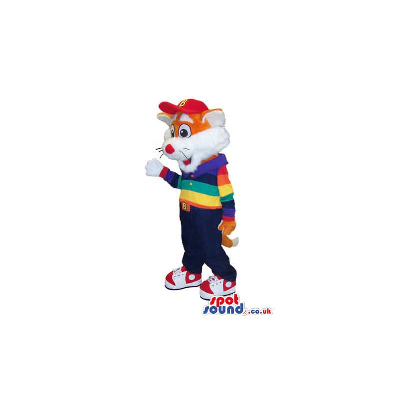 Orange And White Cat Mascot With A Colorful Shirt And A Cap -