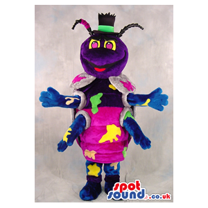 Purple Bug Plush Mascot With Top Hat And Colorful Spots -