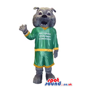 Friendly Grey Bulldog Mascot Wearing Green And Yellow Clothes -