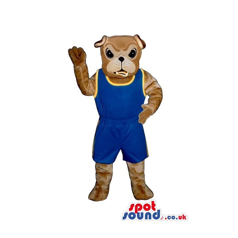 Angry Brown Bulldog Mascot Wearing Blue And Yellow Sports