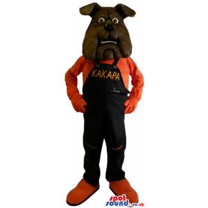 Dark Brown Bulldog Mascot Wearing Overalls With Text - Custom