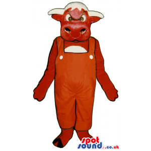 Red And White Cow Animal Mascot Wearing Red Overalls - Custom