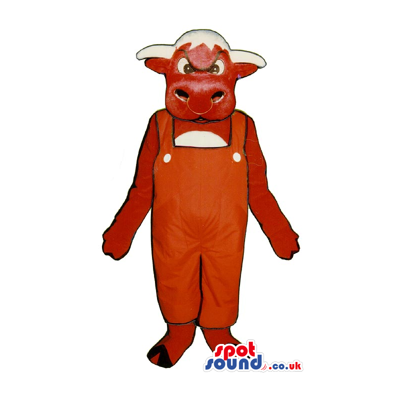 Red And White Cow Animal Mascot Wearing Red Overalls - Custom