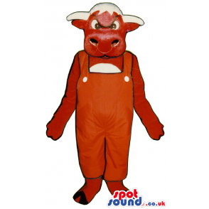 Red And White Cow Animal Mascot Wearing Red Overalls - Custom