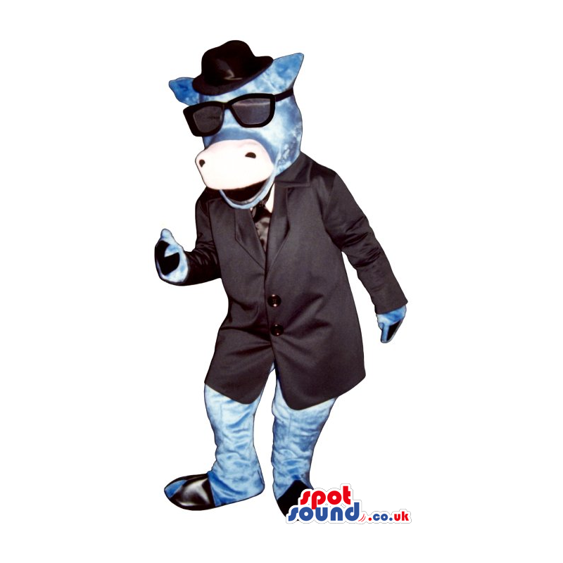 Blue Cow Animal Mascot Wearing An Elegant Suit And Sunglasses -