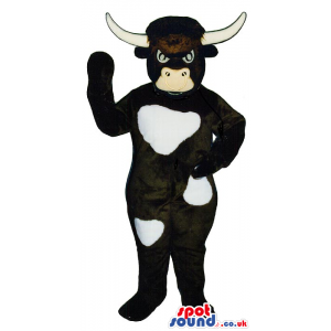 Angry White And Black Cow Animal Plush Mascot With Long Horns -