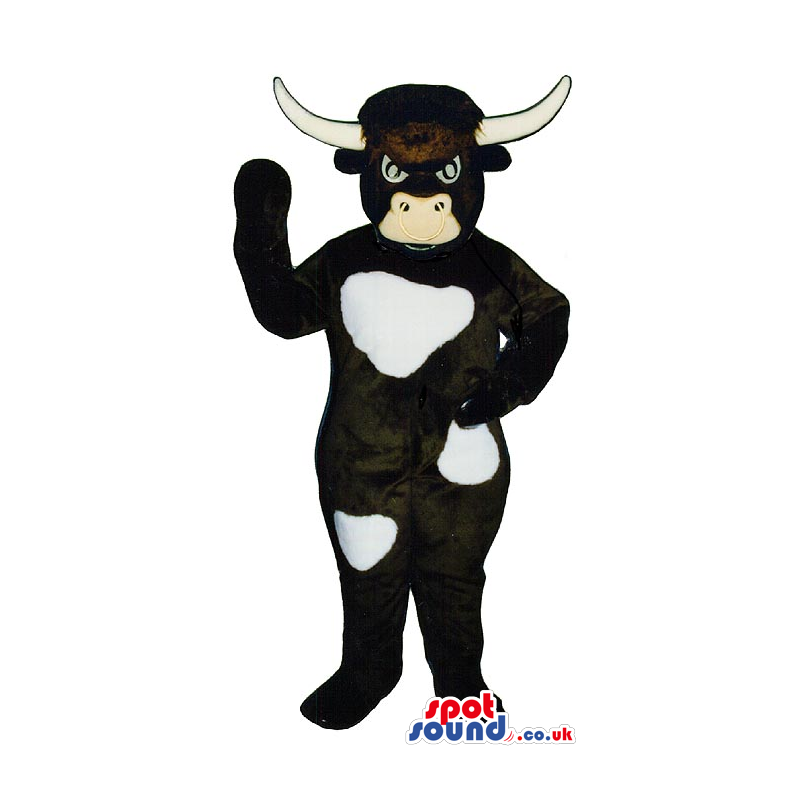 Angry White And Black Cow Animal Plush Mascot With Long Horns -