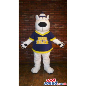 White Dog Plush Mascot Wearing Sports Shirt With Text - Custom