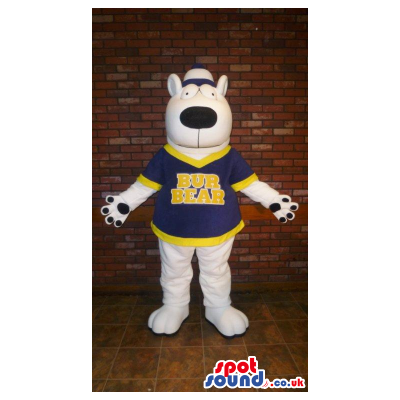 White Dog Plush Mascot Wearing Sports Shirt With Text - Custom