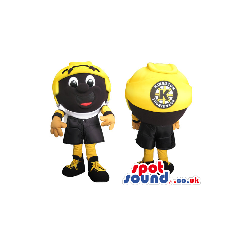 Yellow And Black Big Helmet Mascot With A Funny Face And Logo -