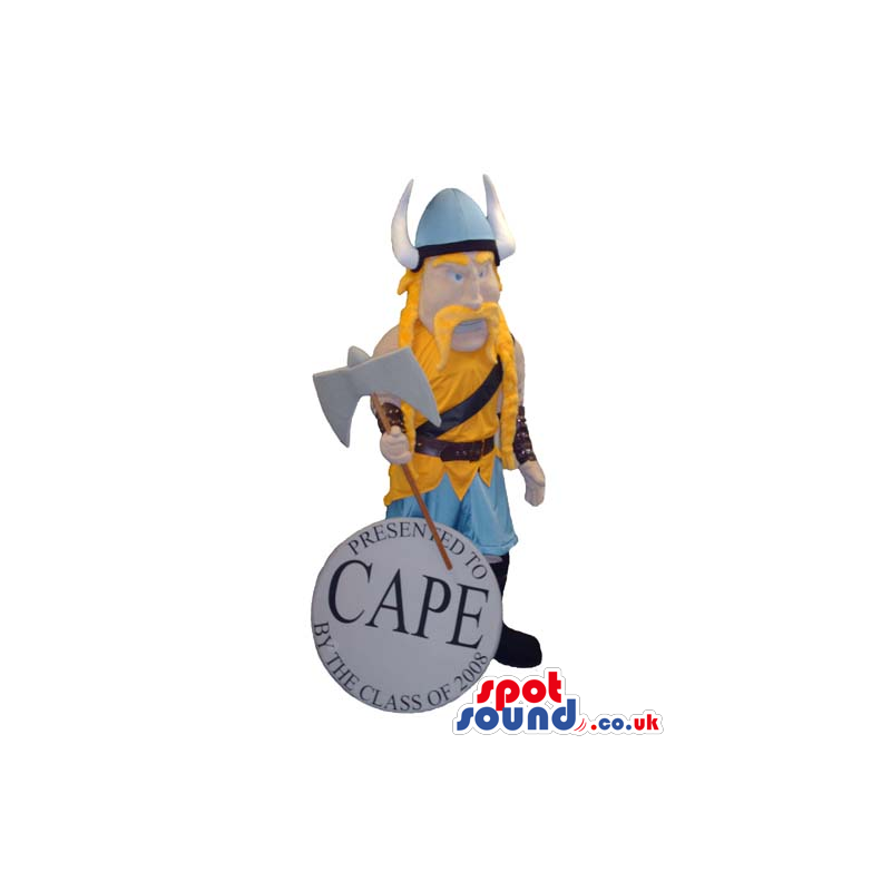 Character Mascot Wearing Viking Yellow And Blue Garments -