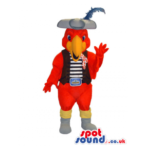 Red Parrot Plush Mascot Wearing A Vest And Pirate Hat - Custom
