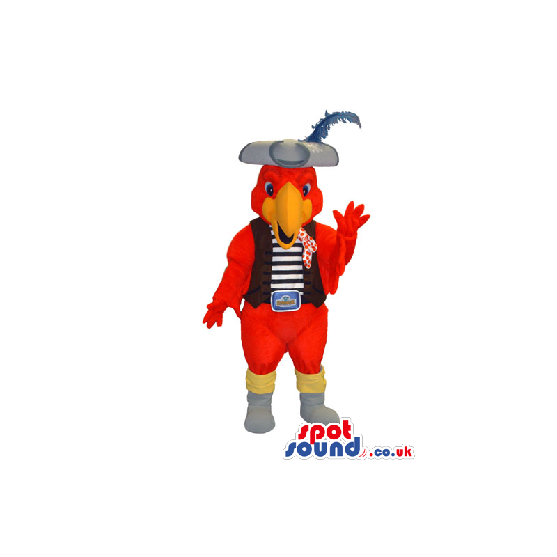 Red Parrot Plush Mascot Wearing A Vest And Pirate Hat - Custom