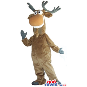 Beige Deer Cartoon Character Plush Mascot With Big Grey Horns -