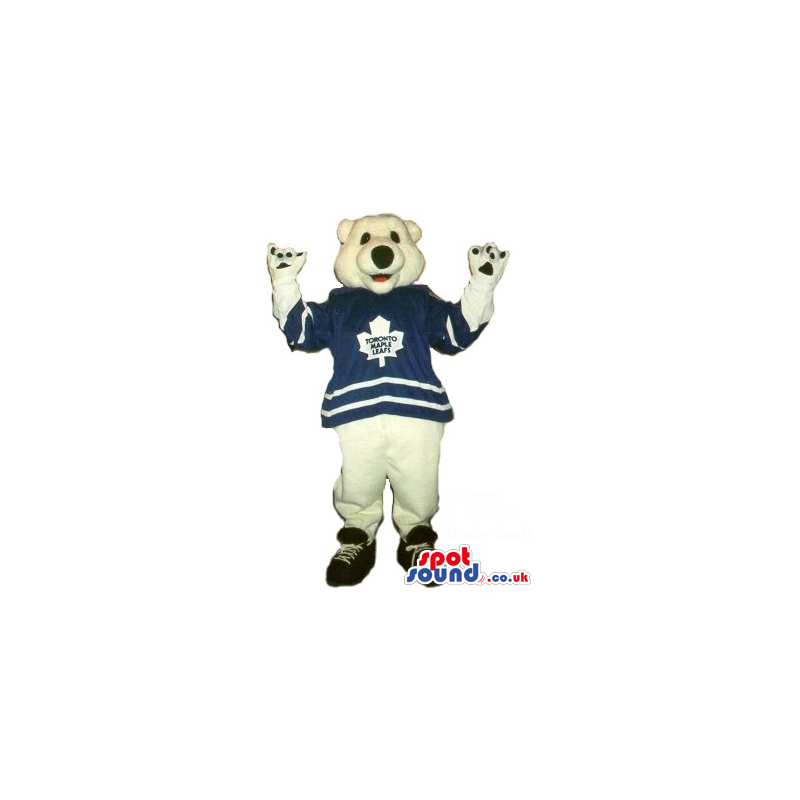 White Bear Plush Mascot With A Blue Sports T-Shirt And Logo -