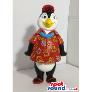 Cute Penguin Plush Mascot Wearing A Hawaiian Flower Shirt -