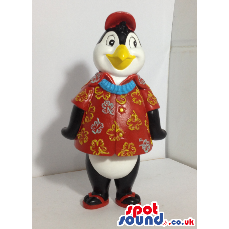 Cute Penguin Plush Mascot Wearing A Hawaiian Flower Shirt -