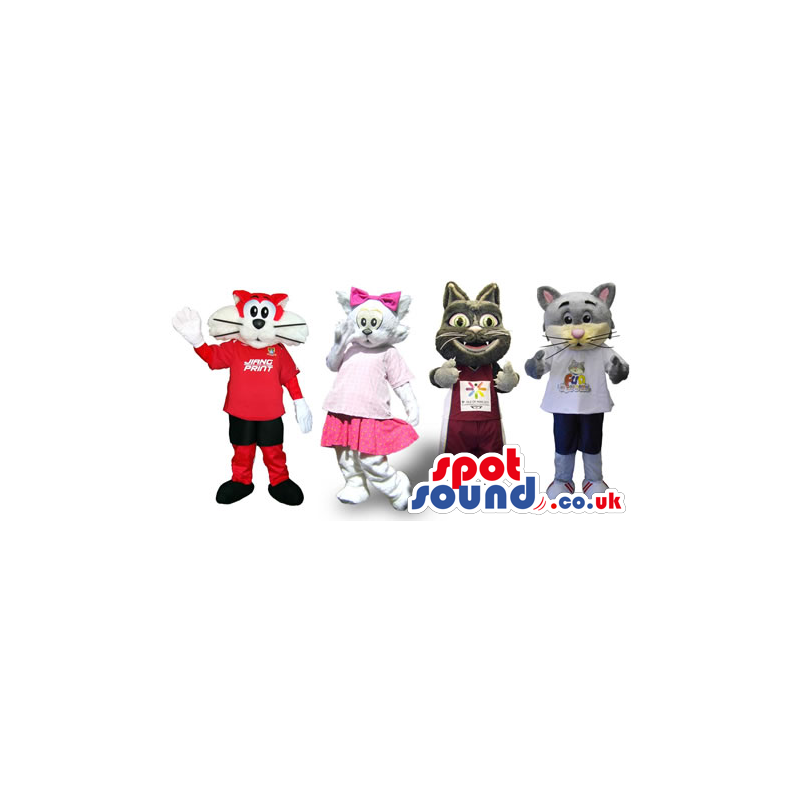 Group Of Four Cat Mascots In Different Designs And Colors -
