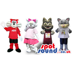 Group Of Four Cat Mascots In Different Designs And Colors -