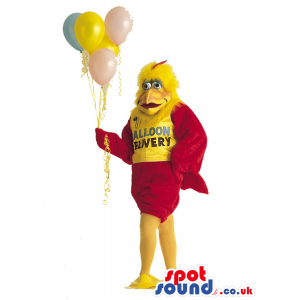 Chicken Plush Mascot Wearing T-Shirt With Text And Balloons -