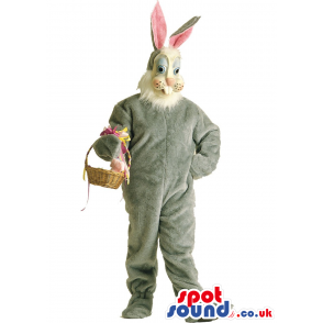 Customizable Grey Rabbit Animal Plush Mascot With Basket -