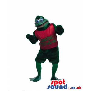 Frog Plush Mascot Wearing A Red T-Shirt With Text - Custom