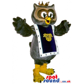 Funny Grey Owl Plush Mascot With Glasses And Coat Of Arms -