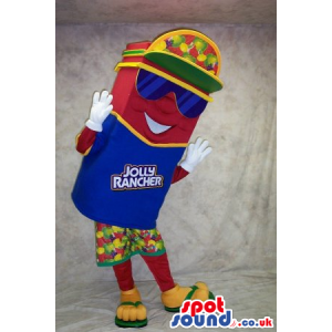 Cool Red Sweet Candy Mascot With Summer Clothes And Brand Name