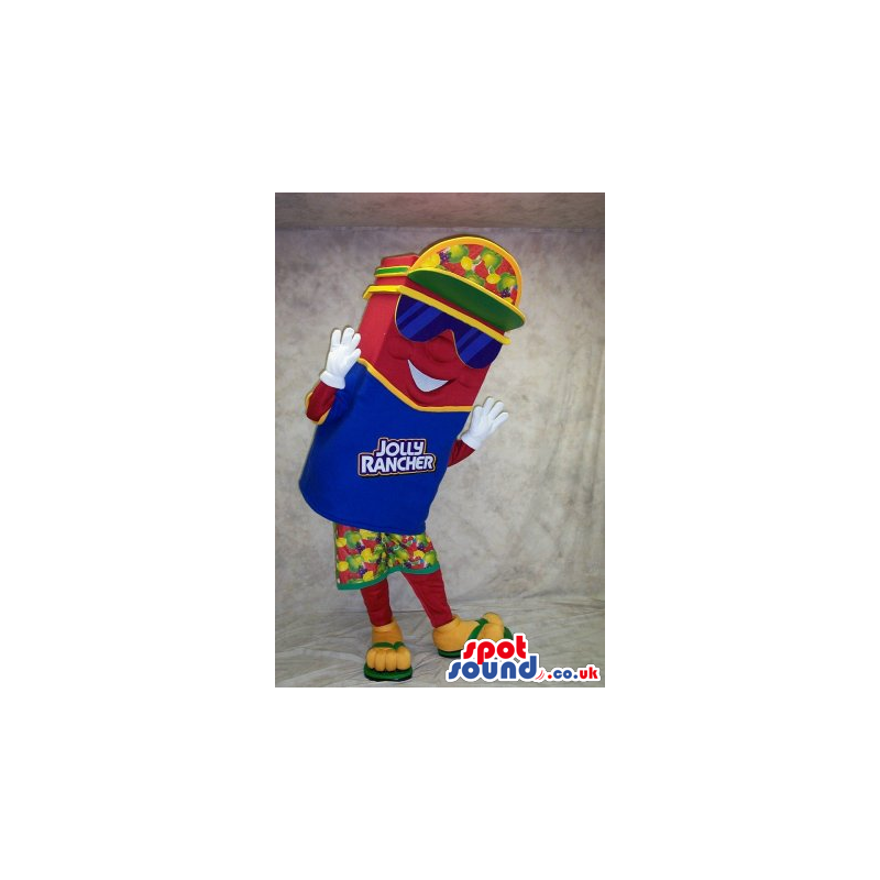 Cool Red Sweet Candy Mascot With Summer Clothes And Brand Name