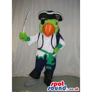 Red Parrot Plush Mascot Wearing White And Black Pirate Garments