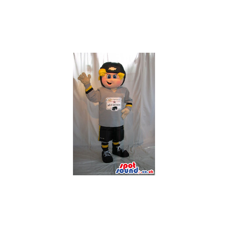Blond Boy Plush Mascot Wearing Sports Clothes With Logo And