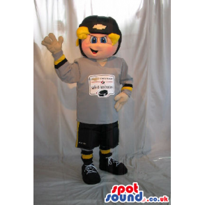 Blond Boy Plush Mascot Wearing Sports Clothes With Logo And