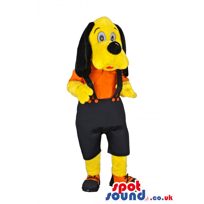 Yellow pluto mascot with orange shirt and dark blue trousers -