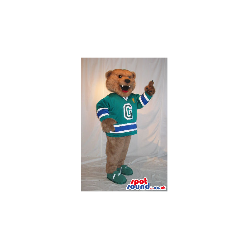 Brown Bear Plush Mascot Wearing Green Sports Clothes With