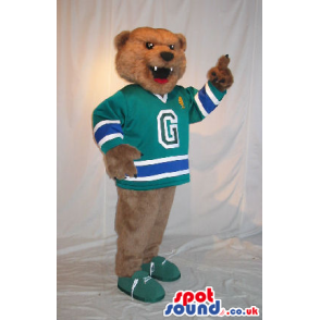 Brown Bear Plush Mascot Wearing Green Sports Clothes With