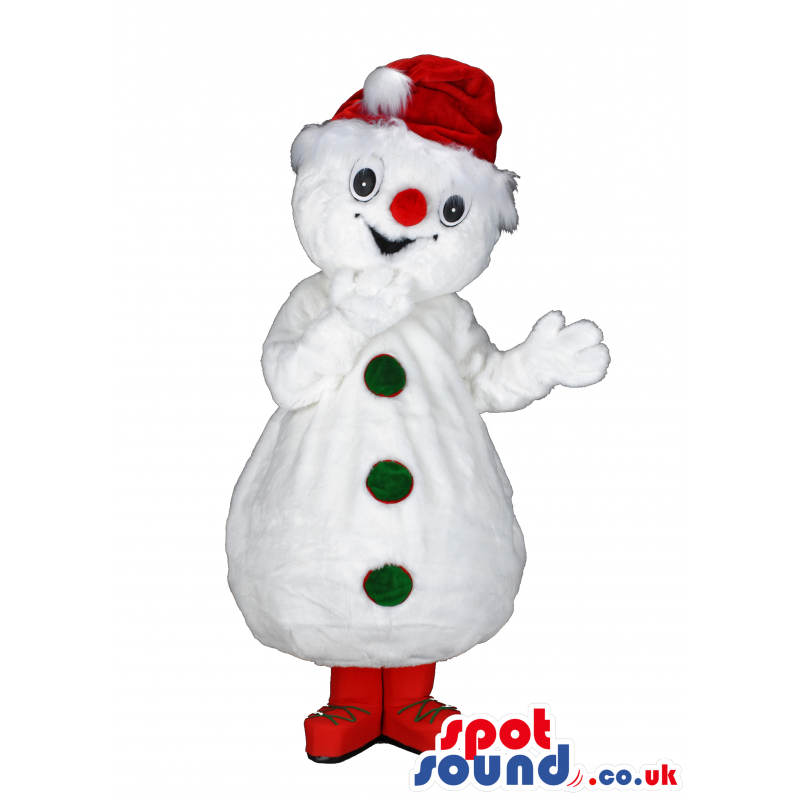 White snowman mascot with red Santa hat and green buttons -