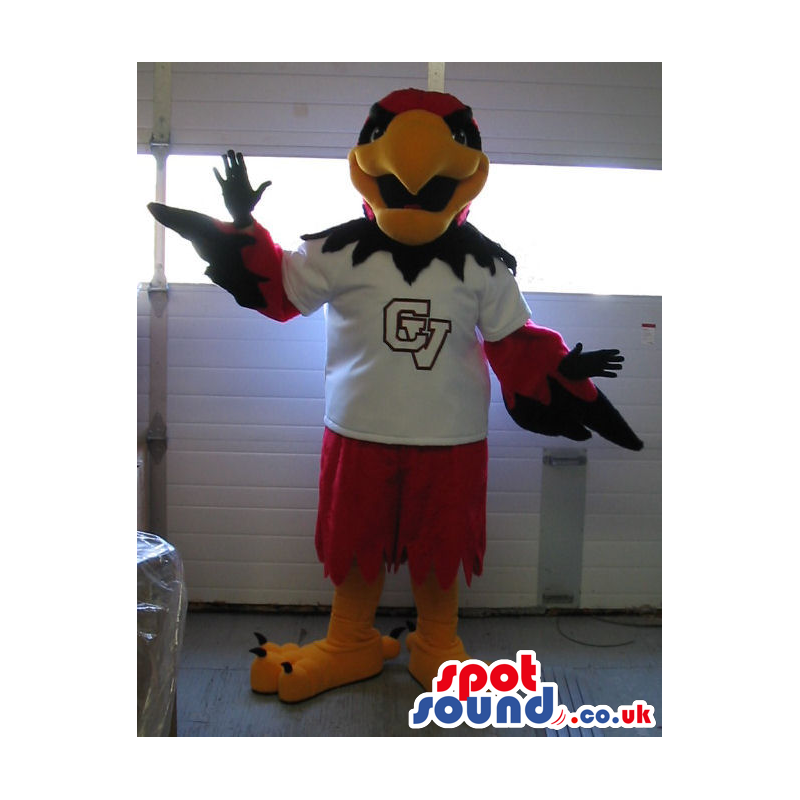 Red And Black Eagle Bird Plush Mascot Wearing Sports Shirt -