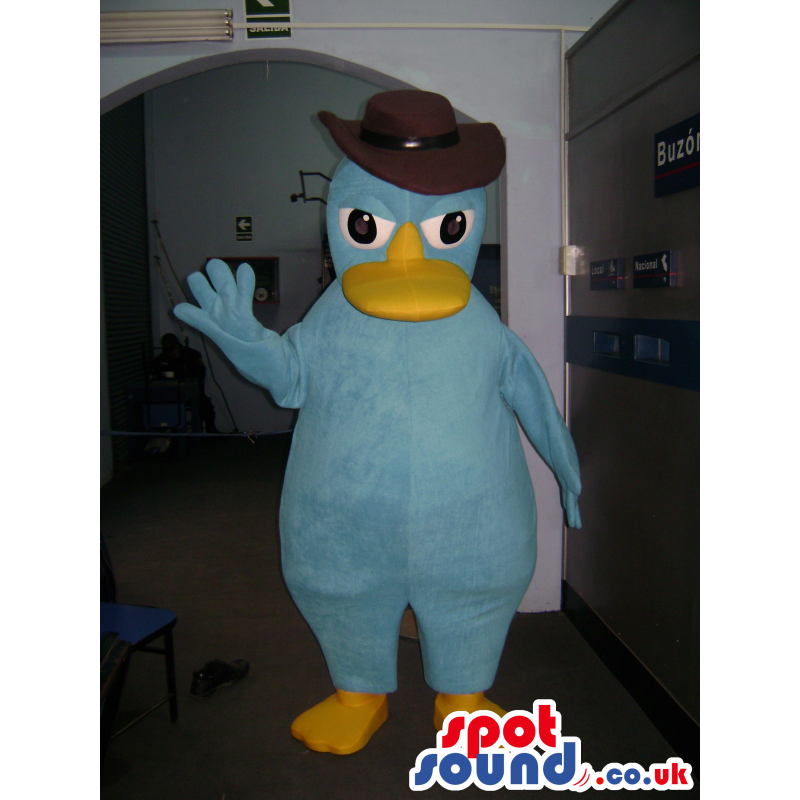 Blue duck mascot with yellow bill and feet and cowboy hat -