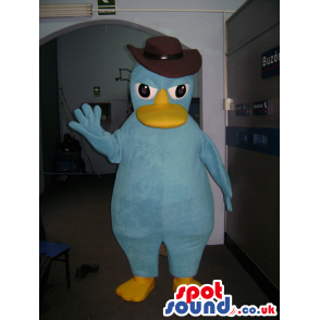 Blue duck mascot with yellow bill and feet and cowboy hat -