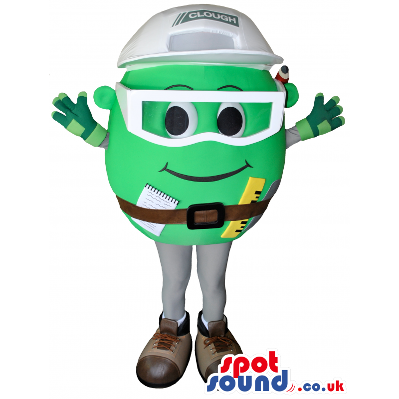 Amazing Green Round Mascot With A Happy Face And Tools. -