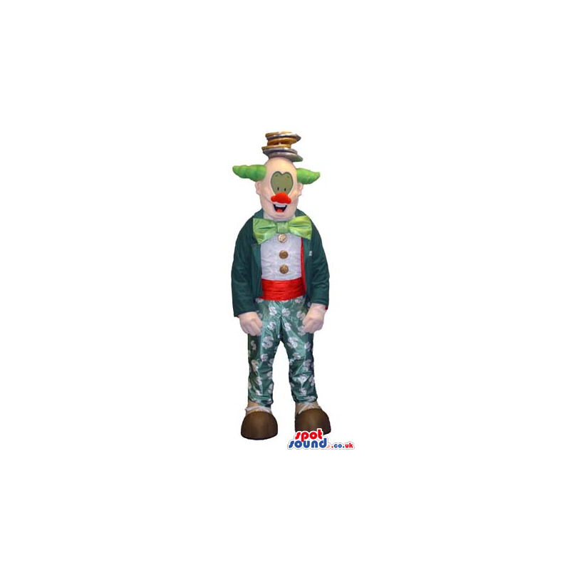 Colorful Clown Mascot With A Green Garments And Hair. - Custom