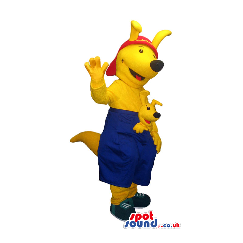 Cool Yellow Kangaroo Plush Animal Mascot With Baby Wearing A
