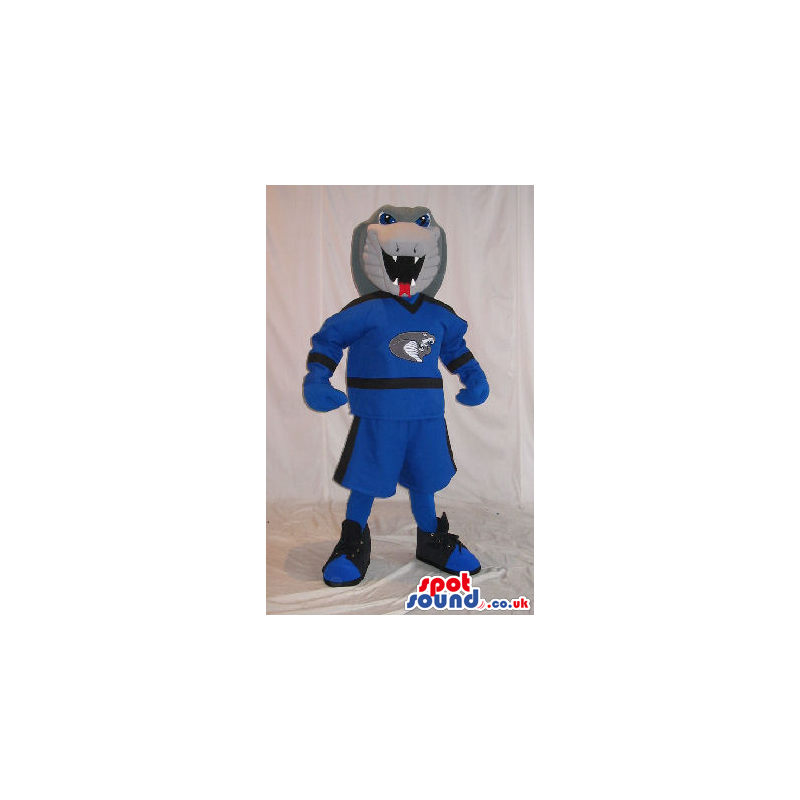 Grey Plush Snake Mascot Wearing Blue Sports Garments - Custom