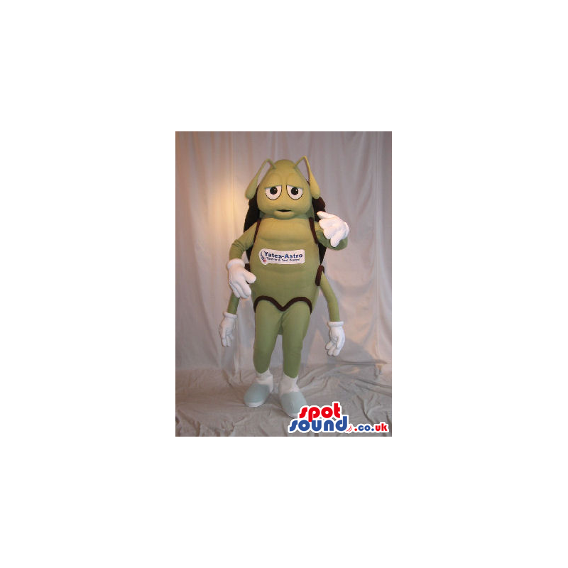 Cute All Green Bug Plush Mascot With A Logo On Its Chest -