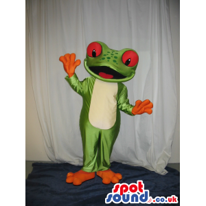 Cute Big Green Frog Mascot With Huge Red Eyes And White Belly -