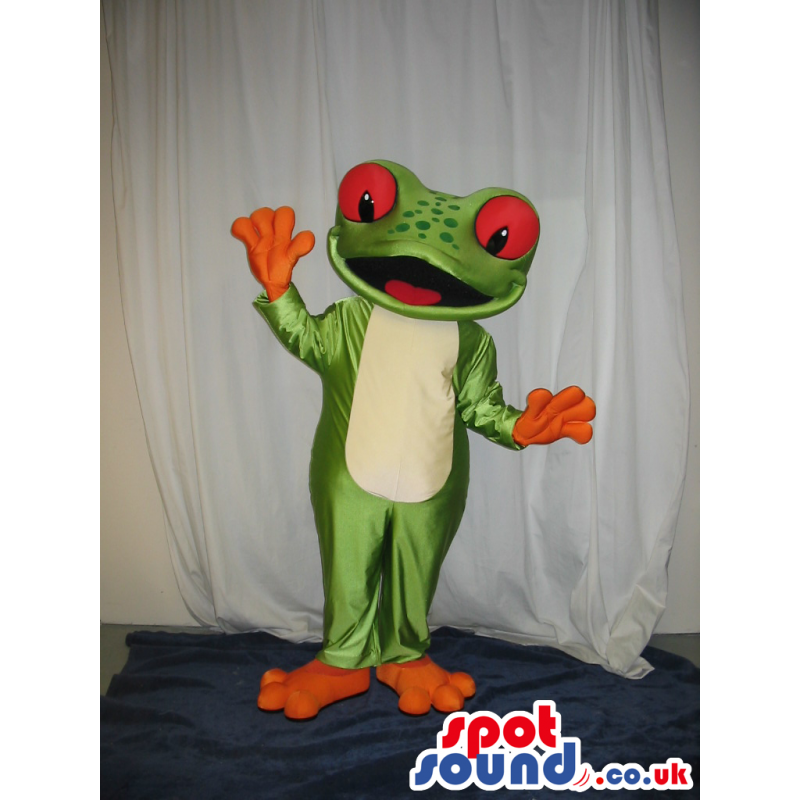 Cute Big Green Frog Mascot With Huge Red Eyes And White Belly -