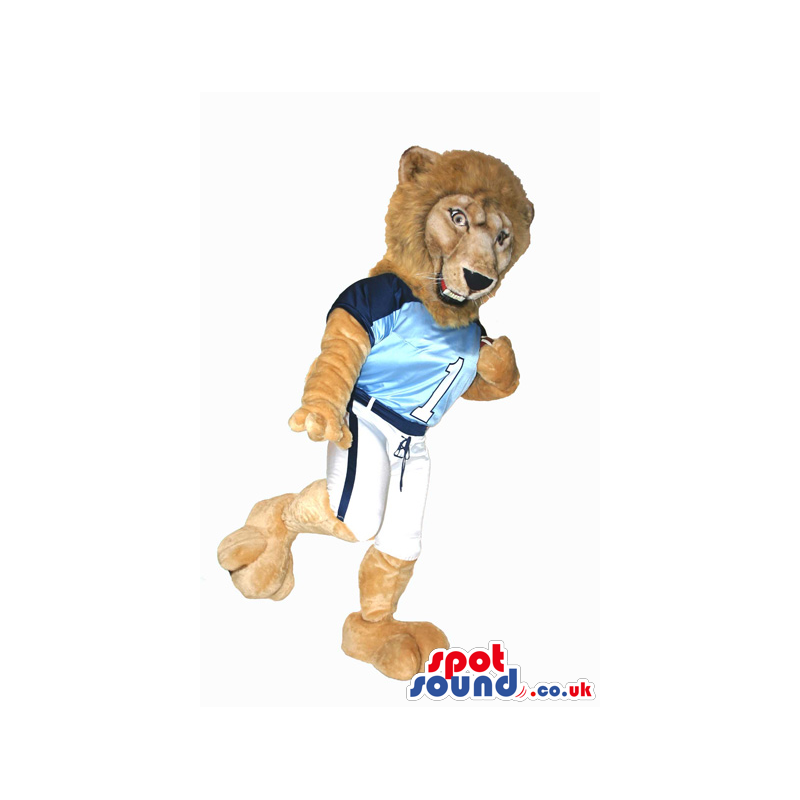 Brown Lion Plush Mascot Wearing Blue Sports Clothes And Number