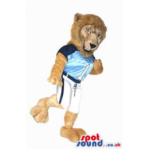 Brown Lion Plush Mascot Wearing Blue Sports Clothes And Number