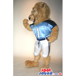 Brown Lion Plush Mascot Wearing Blue Sports Clothes And Number