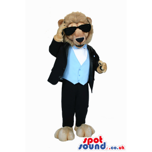 Brown Lion Plush Mascot Wearing Elegant Clothes And Sunglasses
